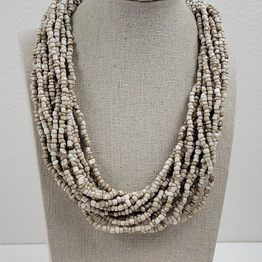 Vintage Shell Seed Bead Necklace Beige  15-Strand Toggle Clasp 20.5 In Bohemian